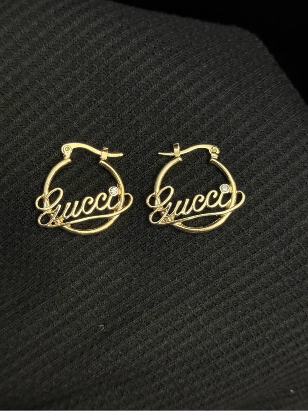 Fashion Jewelry Gold Script Hoop Earrings with Crystal Accent
